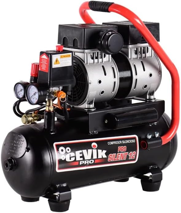 CEVIK PRO - CA-PRO12SILENT - Compresseur d'Air Silencieux - 62 dB - 12L - 1HP - Max 8 Bar - 115 l/min - Sans Huile - Deux Sorties d'Air