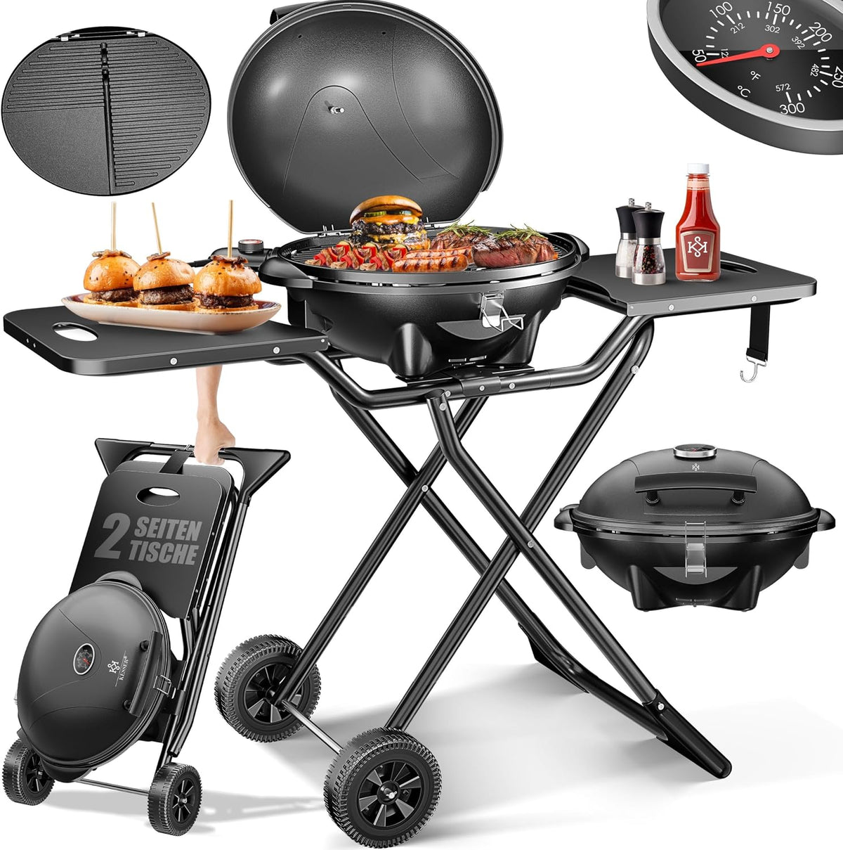 KESSER Gril électrique, Gril de table 2 en 1, Barbecue sur gril avec couvercle et pieds, 2400 watts maximum, Pliable, Thermomètre