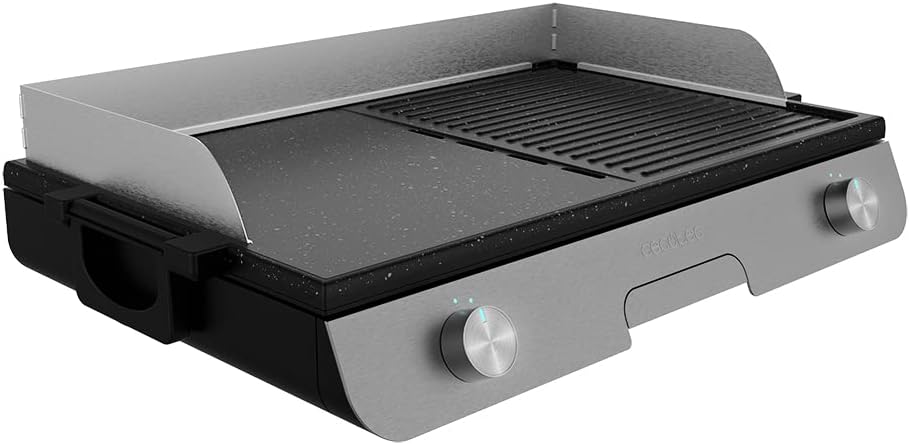 Cecotec PerfectRoast 3000 Barbecue électrique en inox 3 000 W, surface de cuisson mixte, revêtement anti-adhésif Rockstone, thermostat réglable