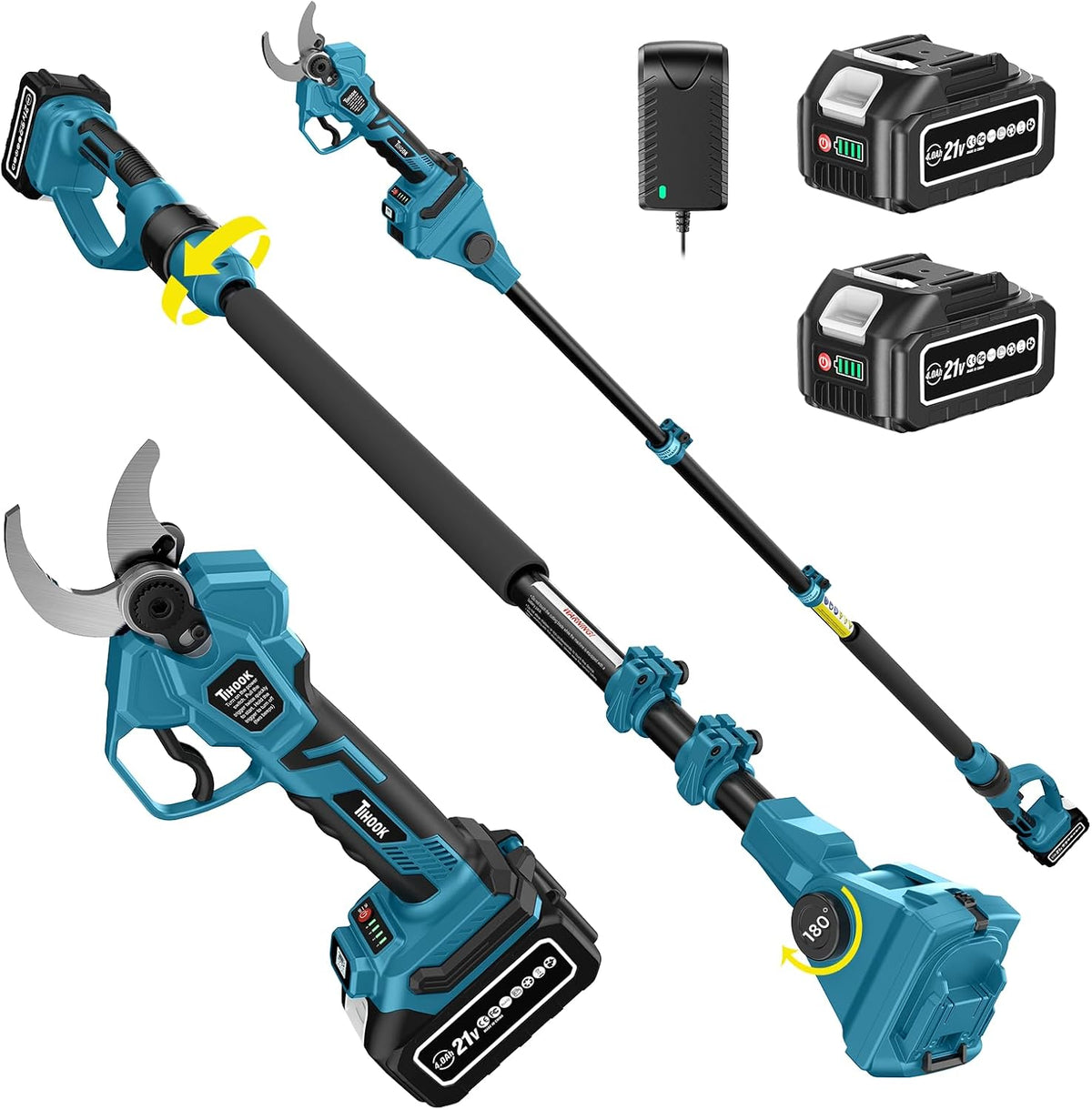 Sécateur Électrique Avec Perche, 2-en-1 Sécateur Electrique Sans Fil Télescopique de 2.5m, 2 batteries de 4000mAh, Moteur sans balais, LCD