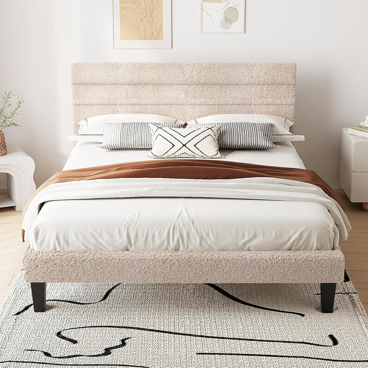 Bonnlo Lit 140x200 avec Sommier, Lit Double, Tête de Lit Tapissier, Montage Facile, Tissu Bouclé, Blanc Cassé