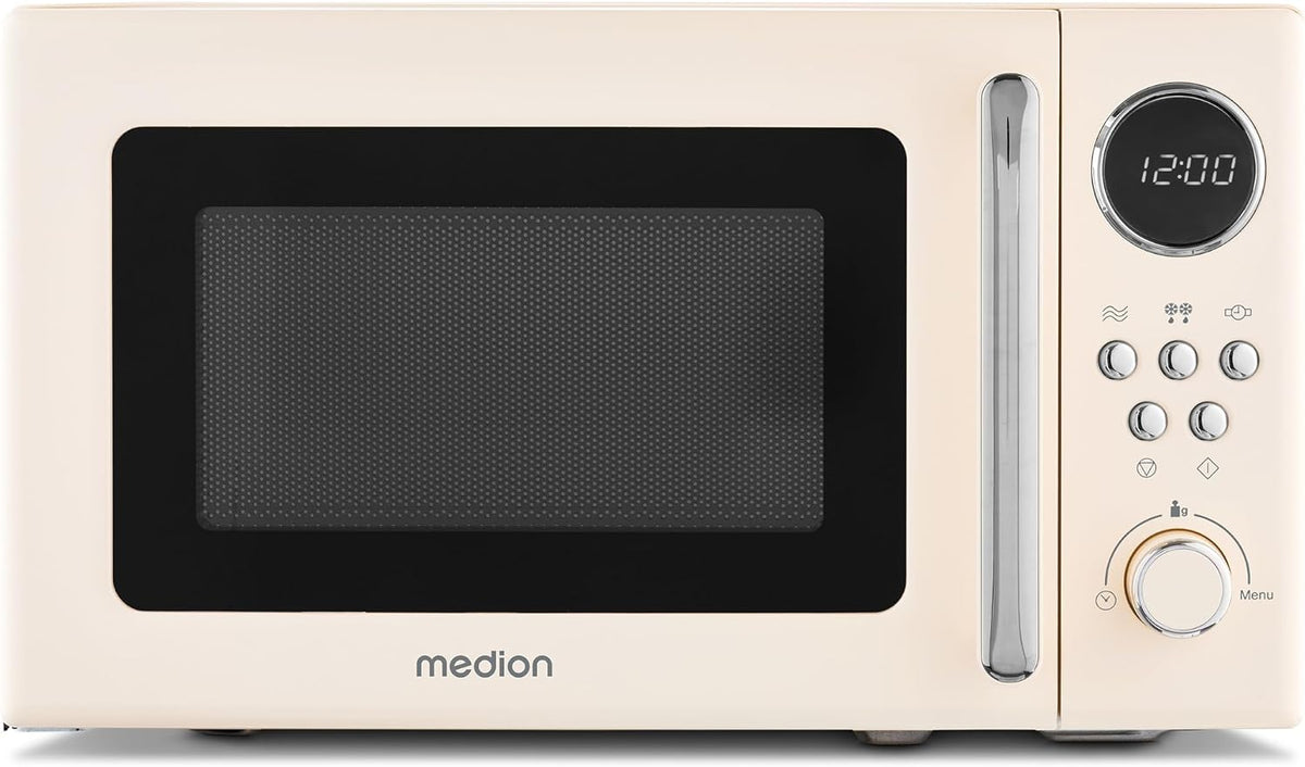 MEDION Micro-ondes rétro (20 litres, env. 800 watts, 5 niveaux de micro-ondes, 8 programmes automatiques, affichage numérique, fonction décongélation