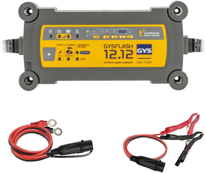 GYS, GYSFLASH 12.12, Chargeur de Batterie Intelligent Plomb (VRLA, AGM, Gel, Liquide, EFB), 12A, Véhicules 12V (Voiture, Utilitaire, Tracteur)