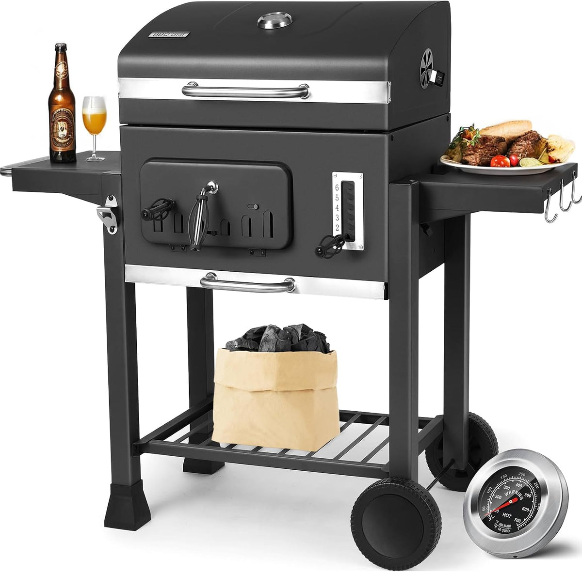 TLSUNNY Barbecue Charbon de Bois, Chariot à Barbecue XXL, Grand Grill XXL à Charbon avec Couvercle, Roues et Thermomètre, Réglable en Hauteur