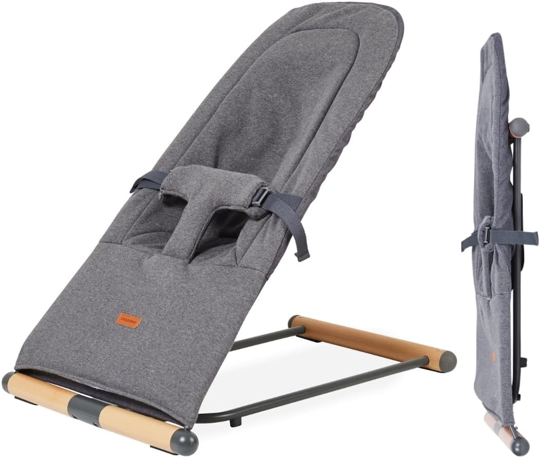 CHILDHOME, Transat Bébé Enfant Pliable, 3 inclinaisons 1 Bouton, Oekotex, Ultra Compact, Fin, Epaisseur 5cm, Confortable, Harnais 3 Points, 0 à 15kg