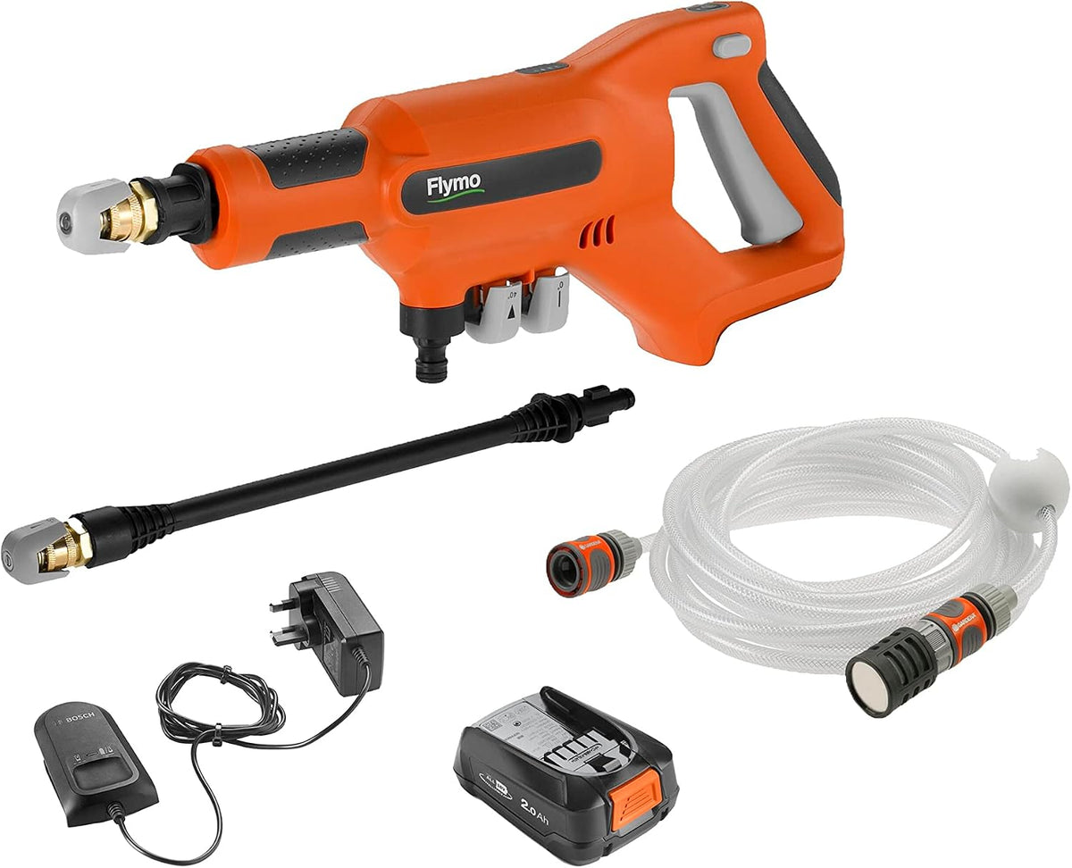 Flymo Nettoyeur Haute Pression Portable EasiClean Li - Batterie 18 V avec Chargeur, débit de 200 l/h, Tuyau de 6 m de Long, 3 Embouts