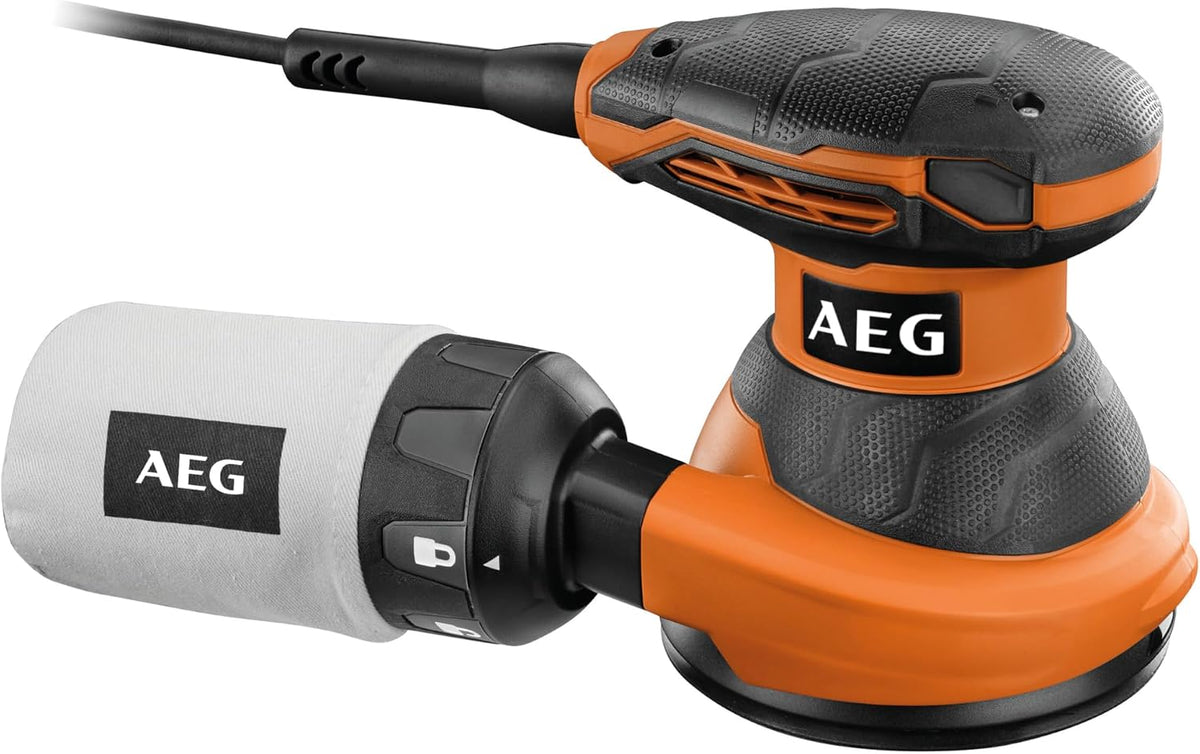 AEG - Ponceuse Excentrique 300 Watts 125 mm, 7000 à 15000 trs/mn, Démarrage en Douceur, Variateur, Frein de Patin, Aspiration intégré