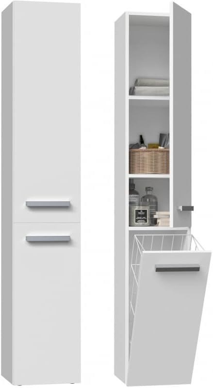 CDF Meuble de Salle de Bain Colonne Haute Armoire de Rangement avec Panier à Linge et Portes Longues Meuble Colonne pour Salle d'eau Buanderie