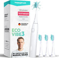 happybrush Brosse à dents sonique électrique Eco VIBE 3 - Durable, 6 semaines de batterie, 3 brosses à dents et dentifrice - Blanc/Menthe