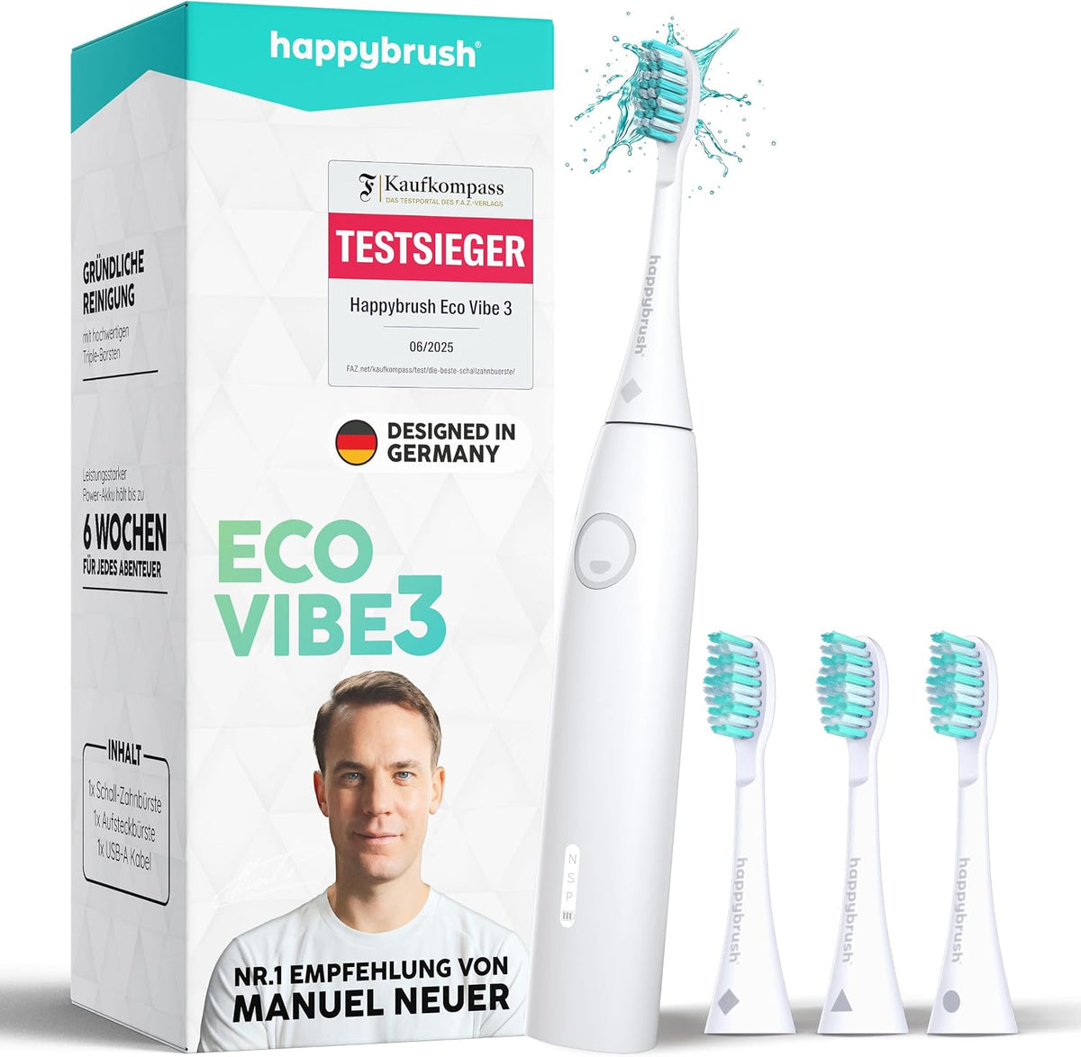 happybrush Brosse à dents sonique électrique Eco VIBE 3 - Durable, 6 semaines de batterie, 3 brosses à dents et dentifrice - Blanc/Menthe