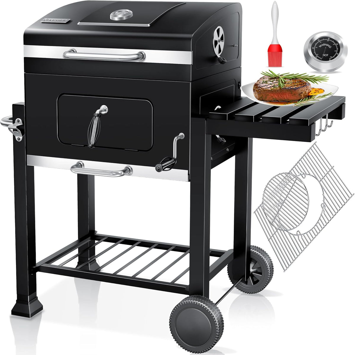KESSER Chariot à Barbecue, Grill XL à Charbon de Bois avec Couvercle, Roues, poignée en Acier Inoxydable, Grille et thermomètre