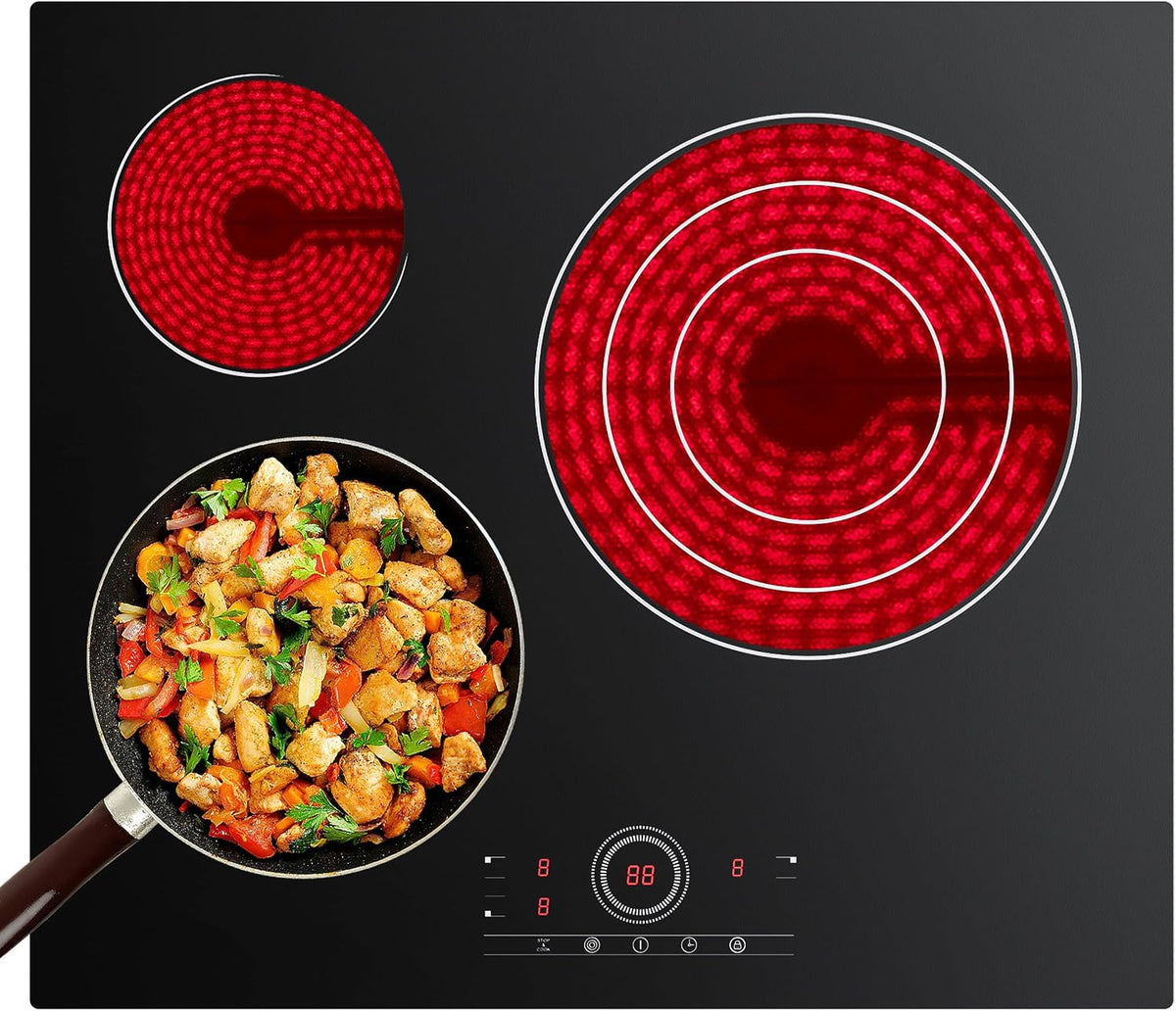 CDV Plaque Vitrocéramique 3 Feux 59 cm 5700 W Encastrable, Table Électrique avec Commande Tactile, Minuteur, 9 Niveaux, Pour tous Types de Casseroles