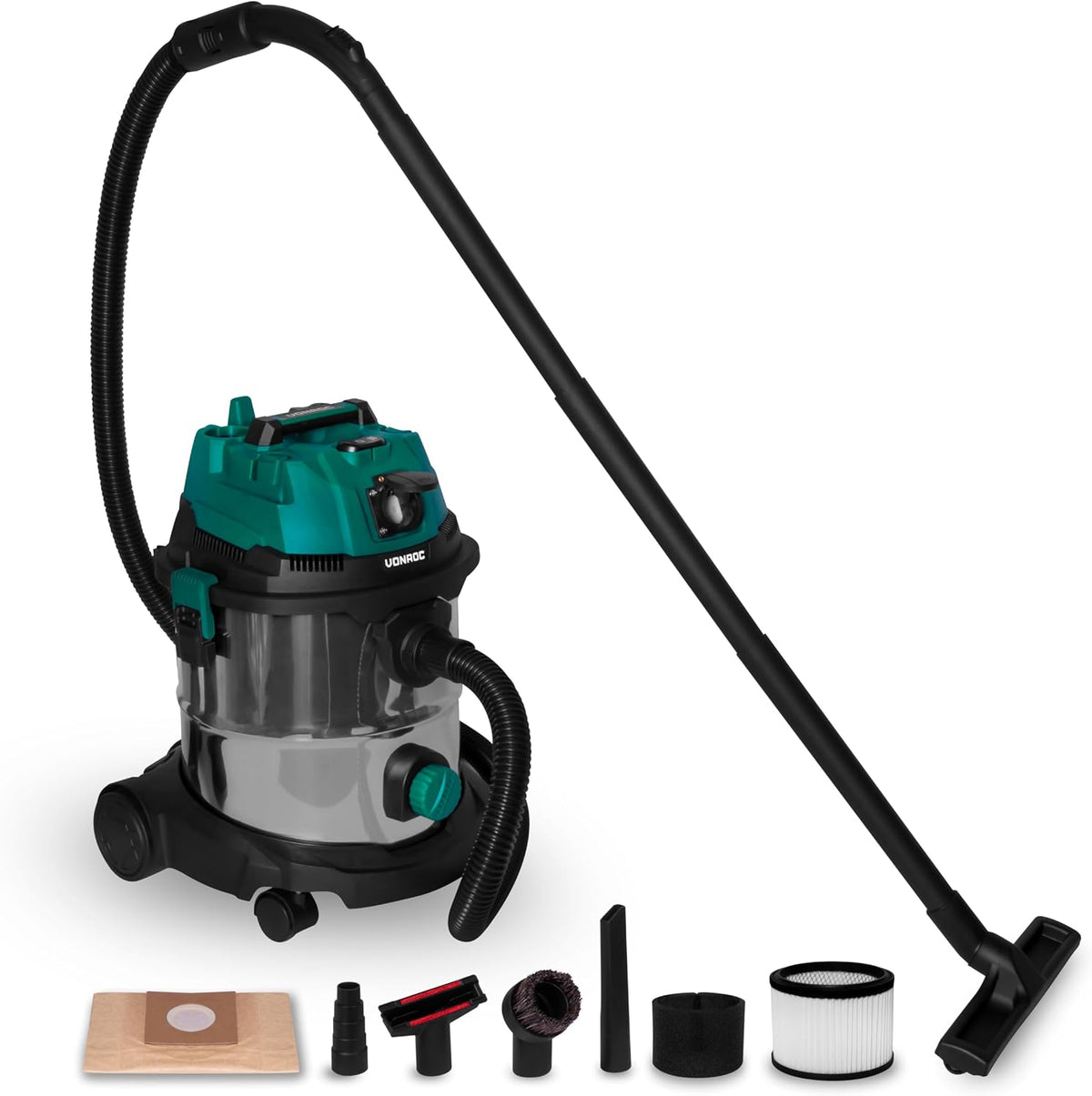VONROC Aspirateur Eau et Poussière 1400W, Cuve INOX 20L, Fonction Soufflage & Prise Auto-Start 2000W, Filtre HEPA & Éponge, Accessoires Inclus