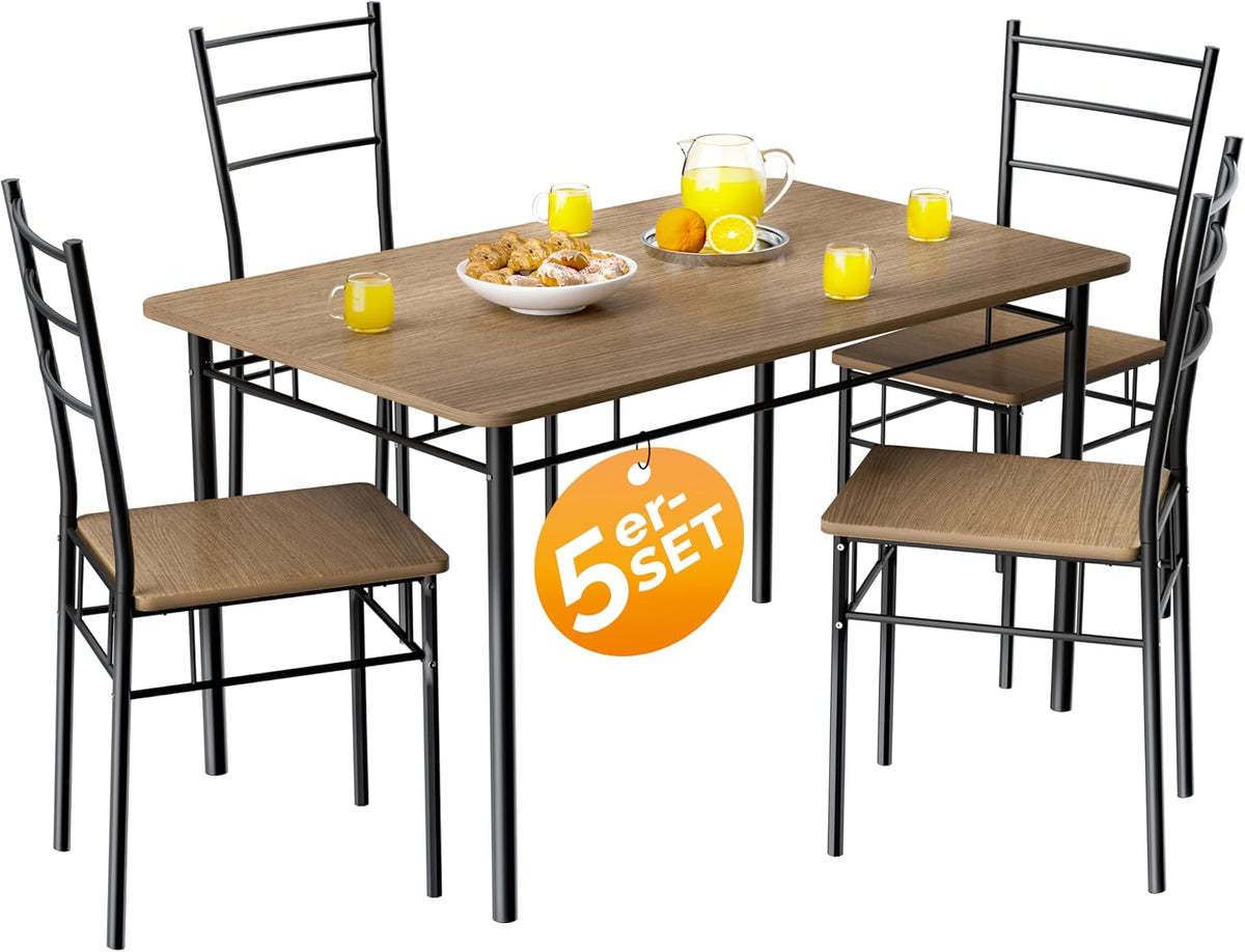 Casaria Ensemble Leo Table avec 4 chaises Brun MDF métal laqué Ensemble 5 pièces pour Salle à Manger Cuisine