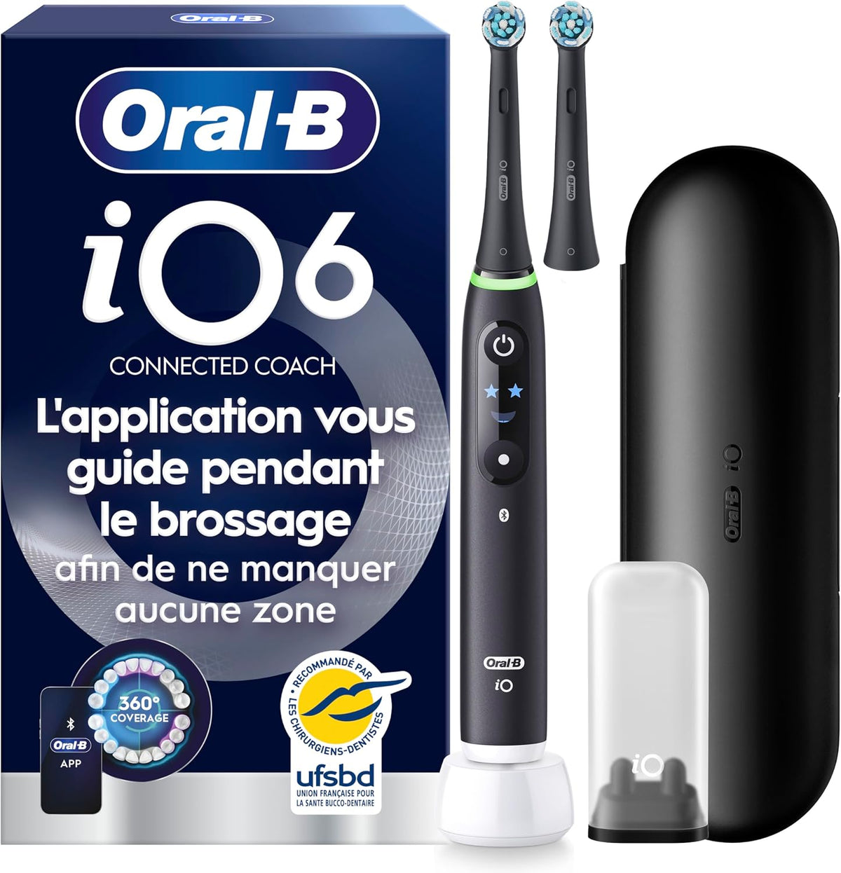 Oral-B Brosse à Dents Electrique iO 6, 2 Brossettes de Rechange, Noire