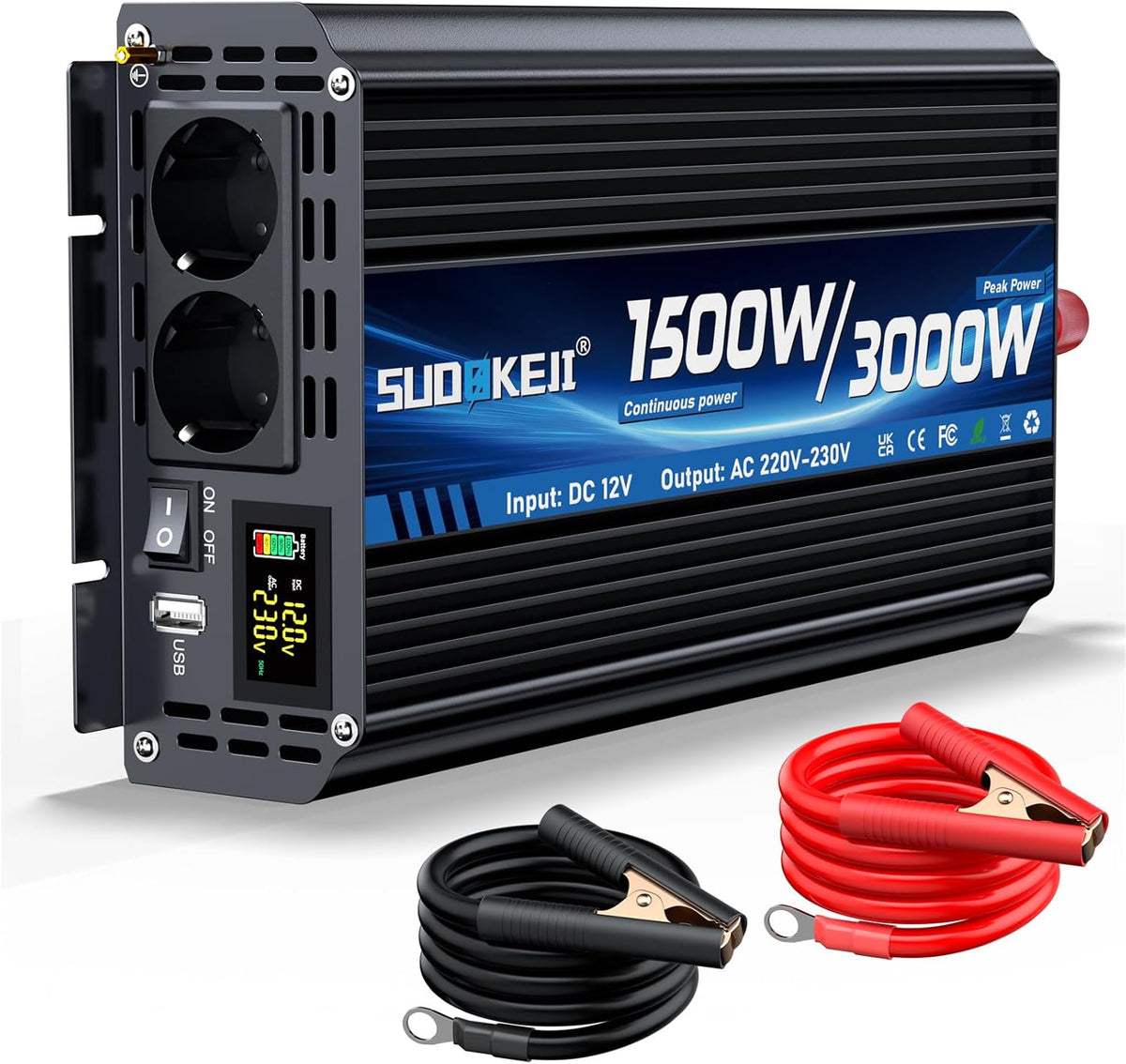 Onduleur 12V 230V 1500W/3000W Convertisseur De Tension Onduleur à Onde Sinusoïdale Modifiée avec 2 Prises Ca Et Port USB Et Type-C pour Voitures