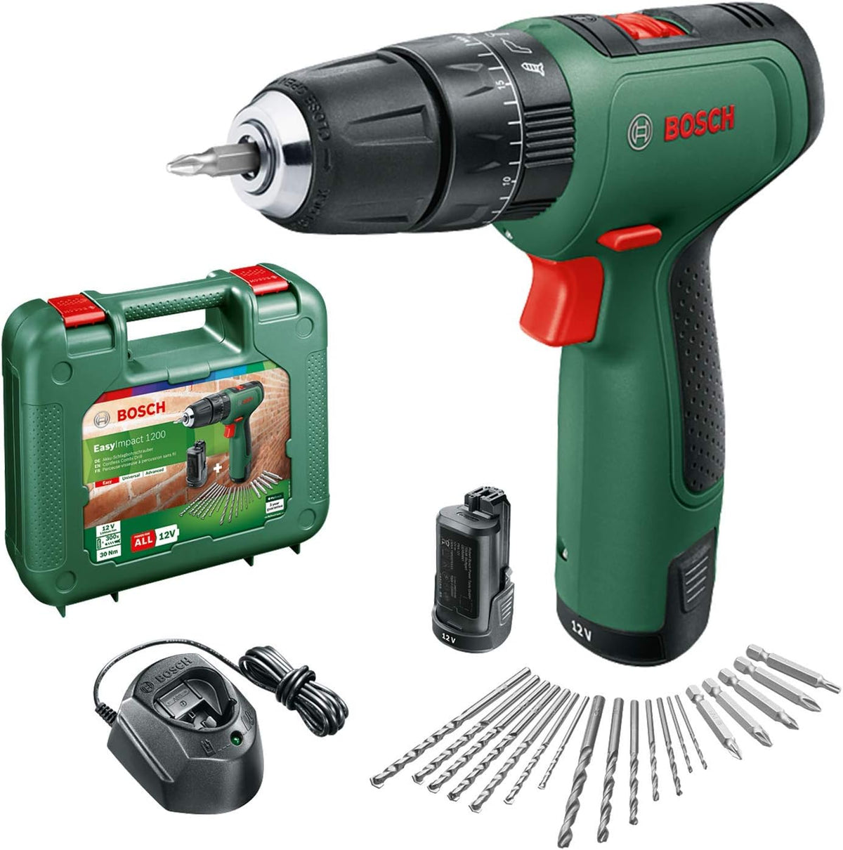 Bosch Perceuse-visseuse à percussion sans fil EasyImpact 1200 (2 batteries, système 12 V, 19 accessoires, en coffret de transport)