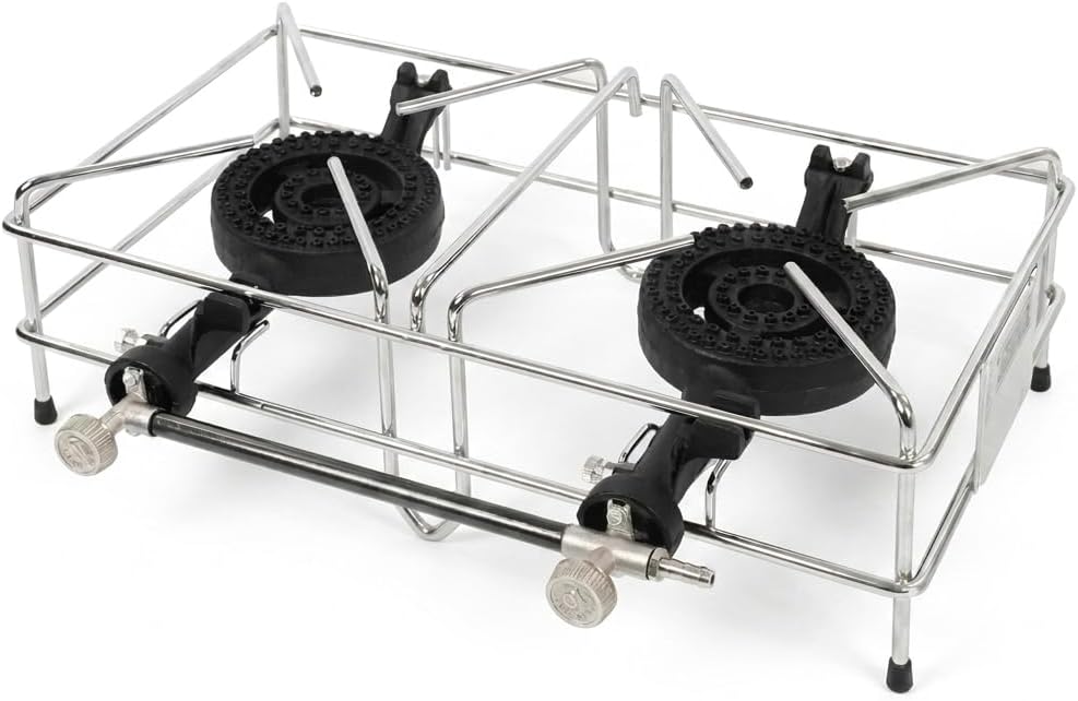 Réchaud à Gaz 2 Feux Fonte, 8 kW, Consommation 580 g/h, Butane/Propane, Idéal pour Camping et Extérieur, Fabriqué en Italie, Idéal Extérieur et Jardin