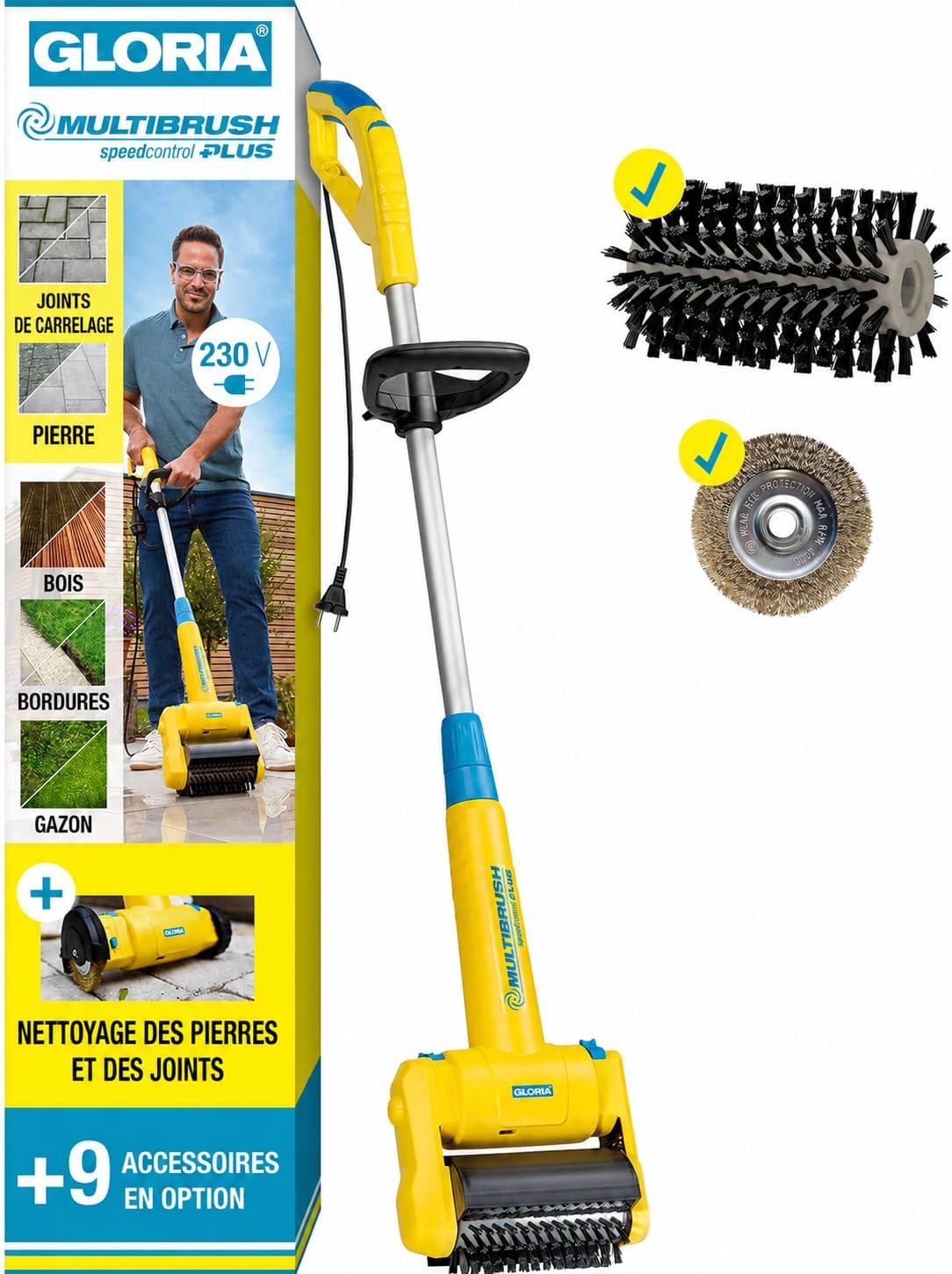 GLORIA MultiBrush speedcontrol, Brosse de nettoyage électrique filaire, Brosse de nettoyage multifonction 11-en-1, Idéal pour terrasses, dalles