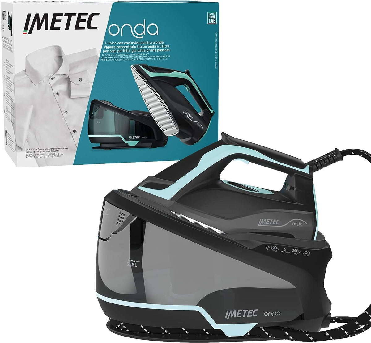 Imetec Onda P1 Fer électrique Générateur de Vapeur, Plaque à Ondes Coulissantes Brevetée, 2400W, Jet Vapeur 300 g, Réservoir 2,5L