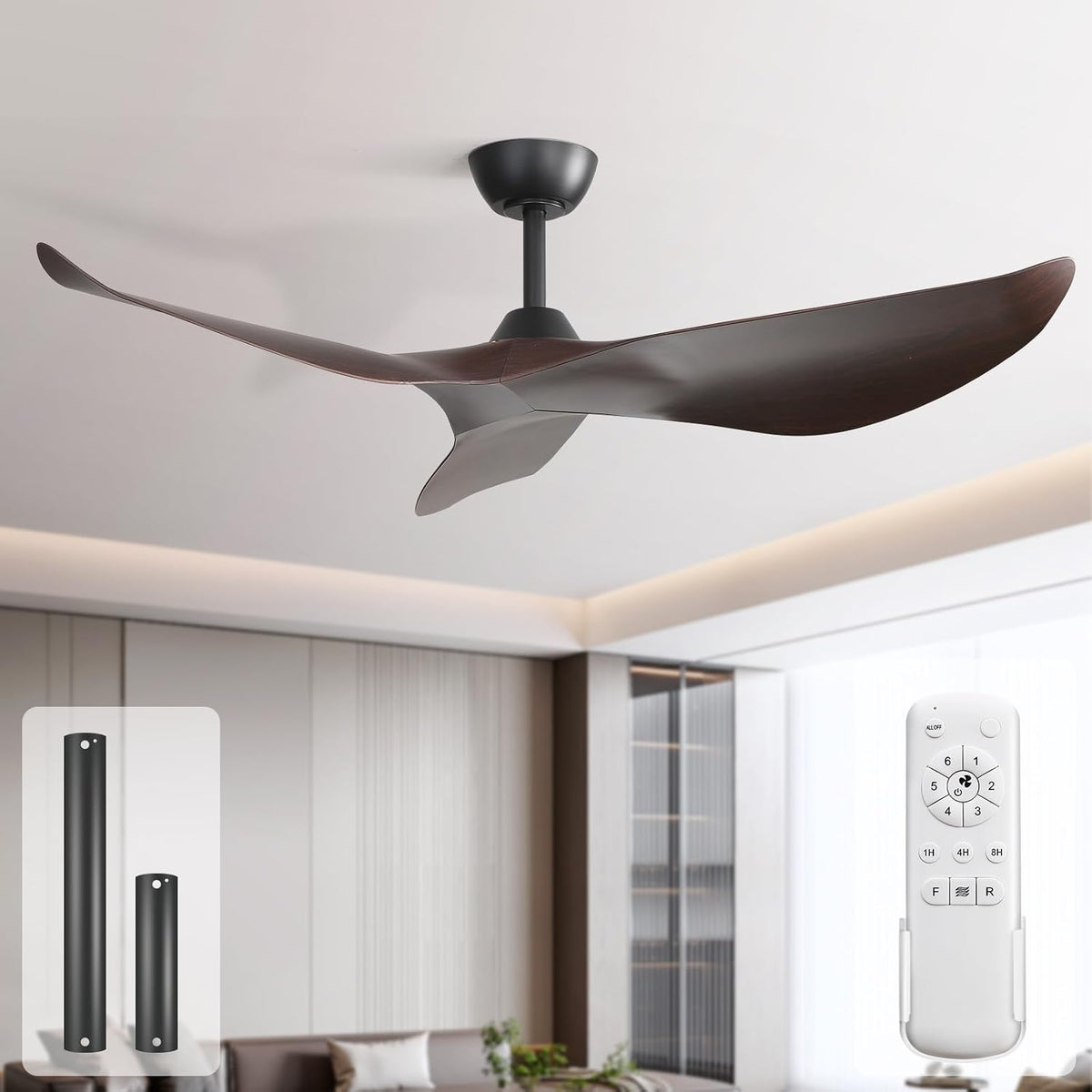 Sofucor 132 cm Ventilateur de Plafond, Télécommande, sans éclairage, 3 Pales, 6 Vitesses, Minuterie, Silencieux DC Moteur, Mode été et Hiver