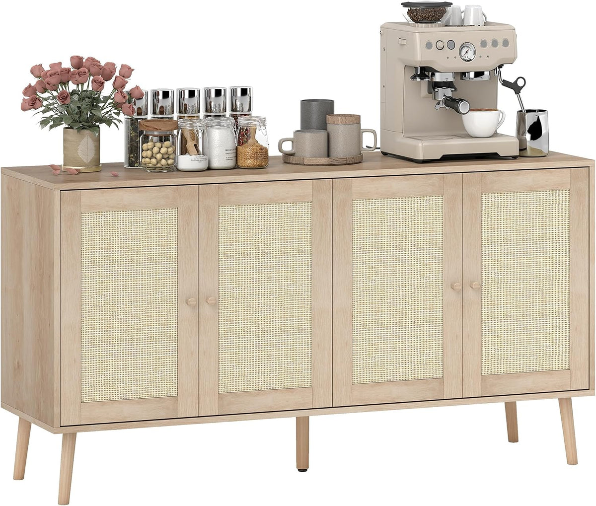 HOMCOM Buffet Salon Meuble de Rangement avec placards à Portes en cannage et étagère réglable, pour Salon, Salle à Manger, dim. 140 x 40 x 75 cm