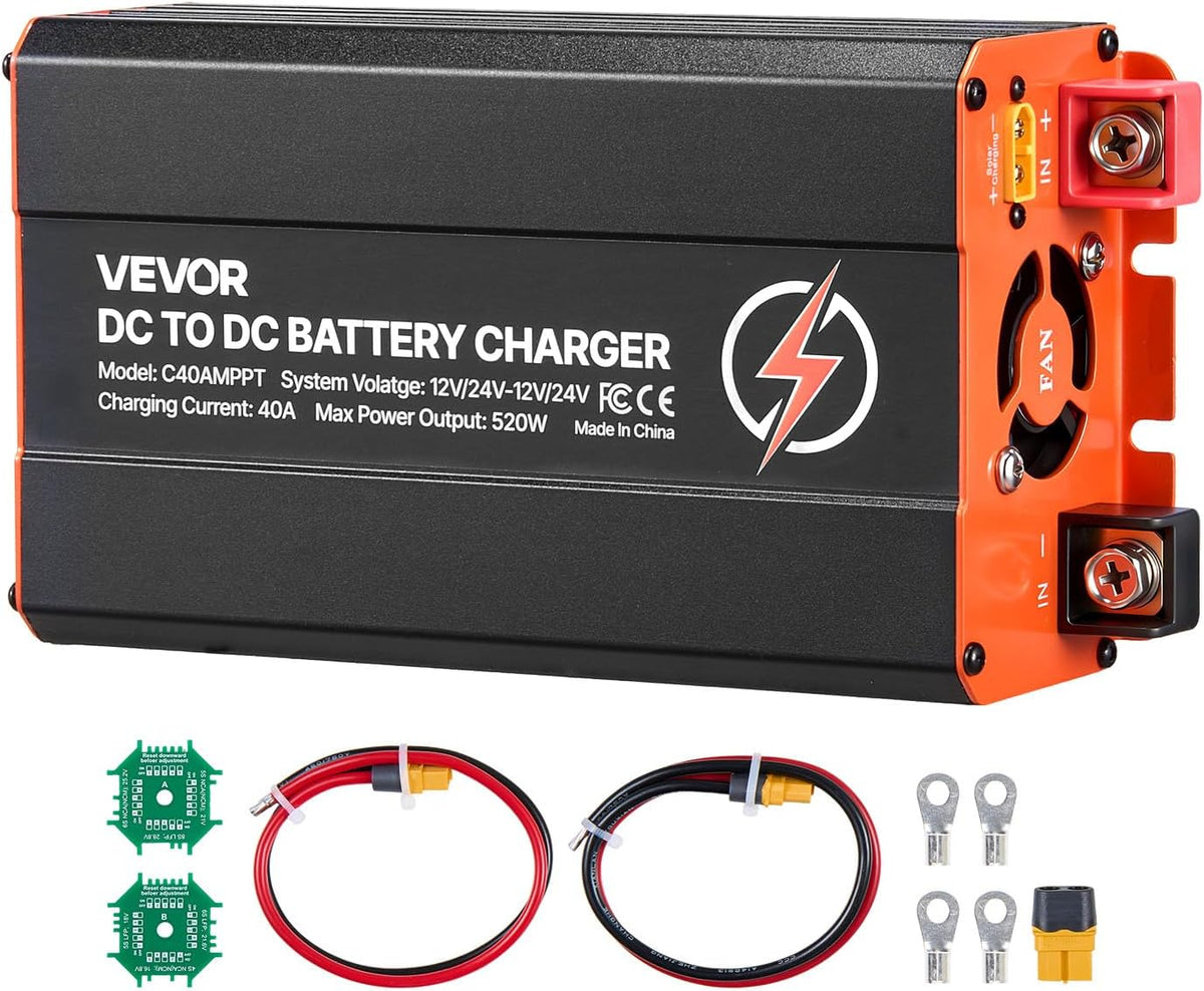 VEVOR Chargeur DC-DC avec MPPT 520 W 40 A Chargeur de Batterie DC-DC 12 V/24 V-12 V/24 V Double Entrée Panneau Solaire/Alternateur pour Camping-Car