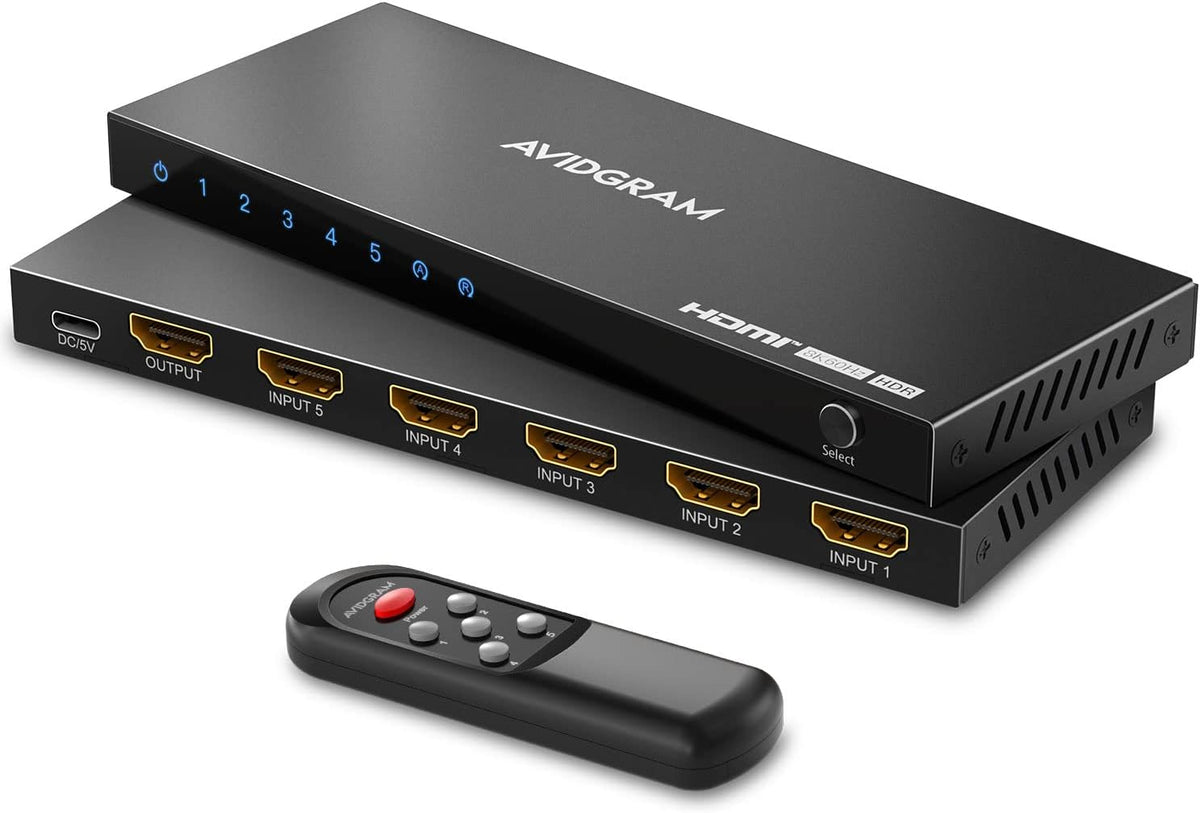 Switch 2.1 HDMI 4K 120Hz, AVIDGRAM 8K HDMI Commutateur 5 entrées 1 Sortie, 5 Port Selector Box avec IR Télécommande Soutien 48Gbps HDCP 2.3 HDR10+