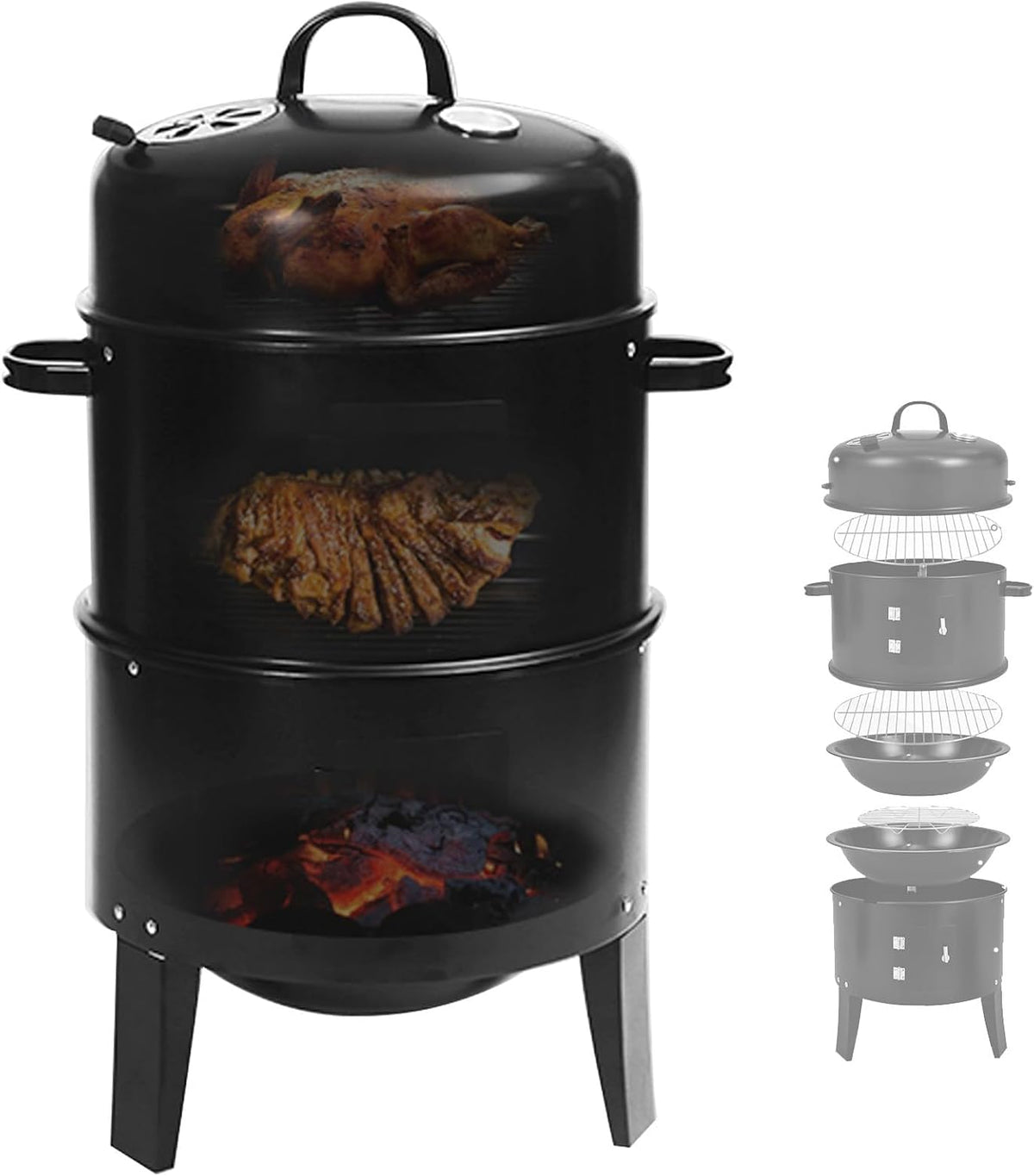 Fumoir Vertical au Charbon de Bois, Barbecue et Fumoir D'extérieur 3 en 1, avec 2 Zones de Cuisson et Thermomètre, pour Cuisiner en Plein Air
