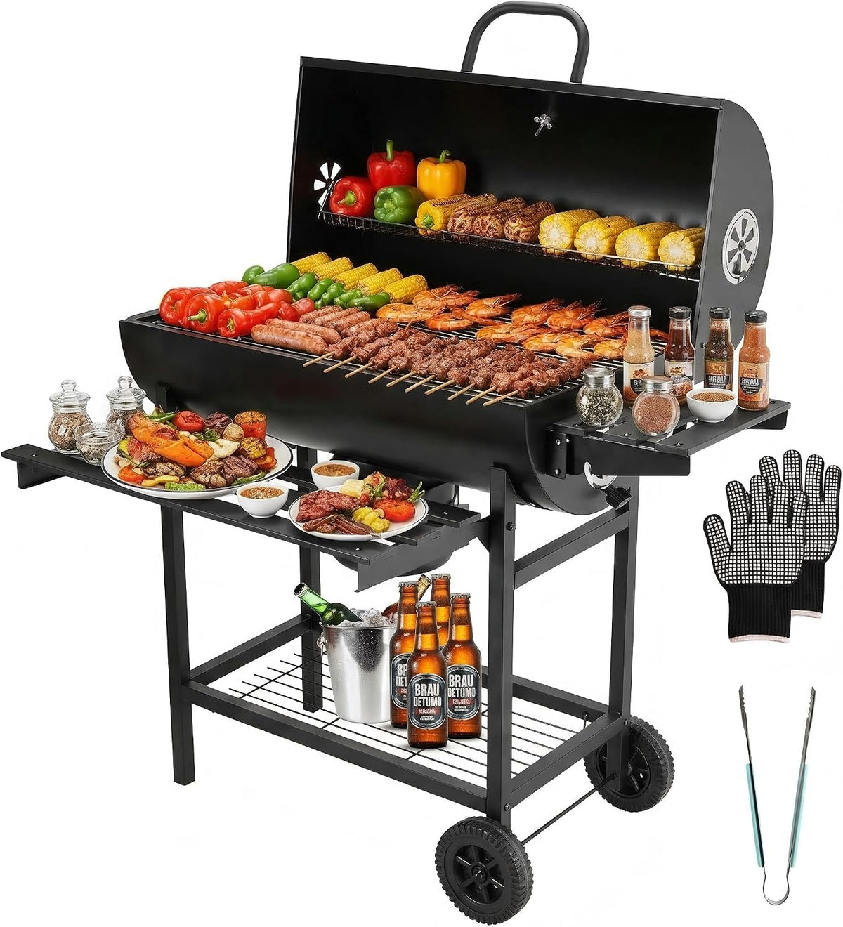 DEWINNER Barbecue au Charbon, Grille XXL, Gants & Pince Offerts, Évents Réglables, Tiroir à Cendres, Roulettes
