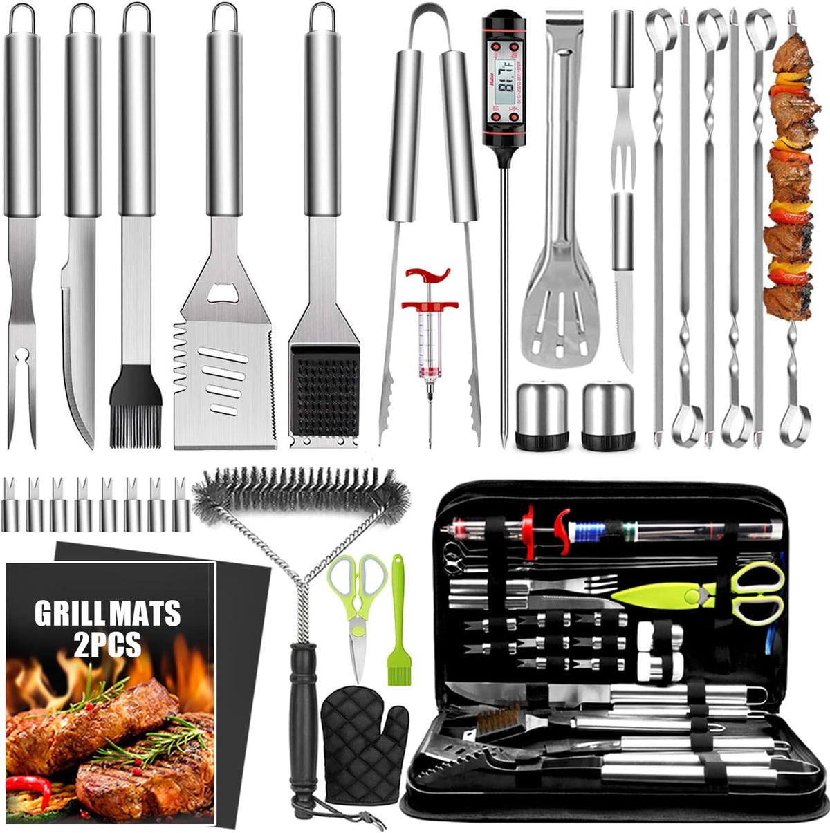 Lot de 32 accessoires de barbecue en acier inoxydable avec sac de transport, thermomètre
