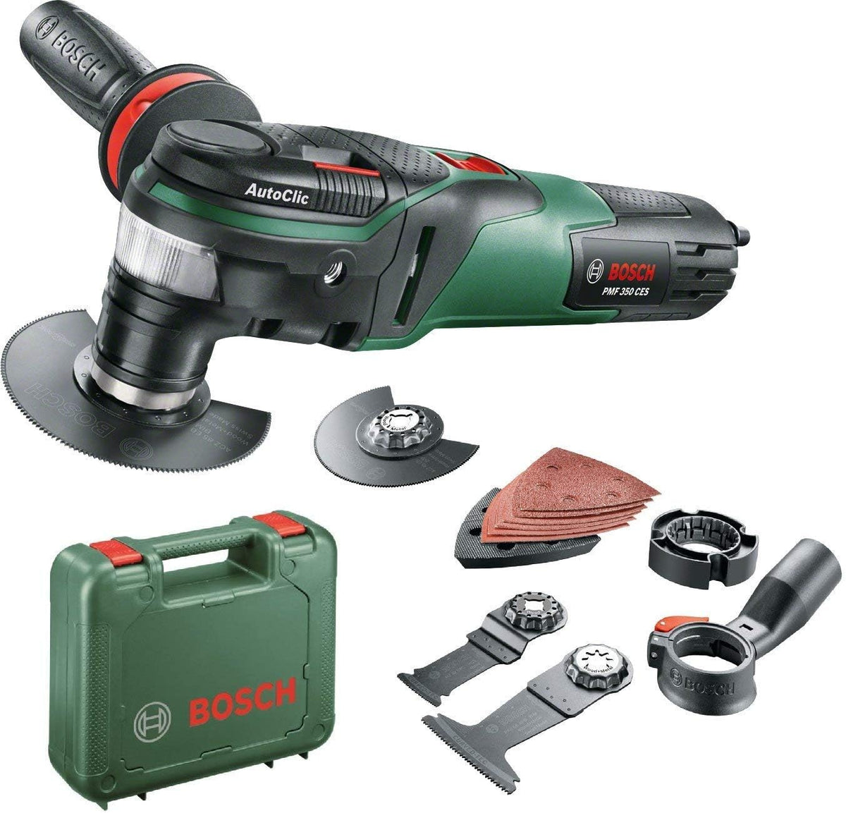 Bosch Outil Multifonctions PMF 350 CES (3 lames, plateau de ponçage, 6 feuilles abrasives, coffret, 350 W, pour accessoires Starlock et StarlockPlus)