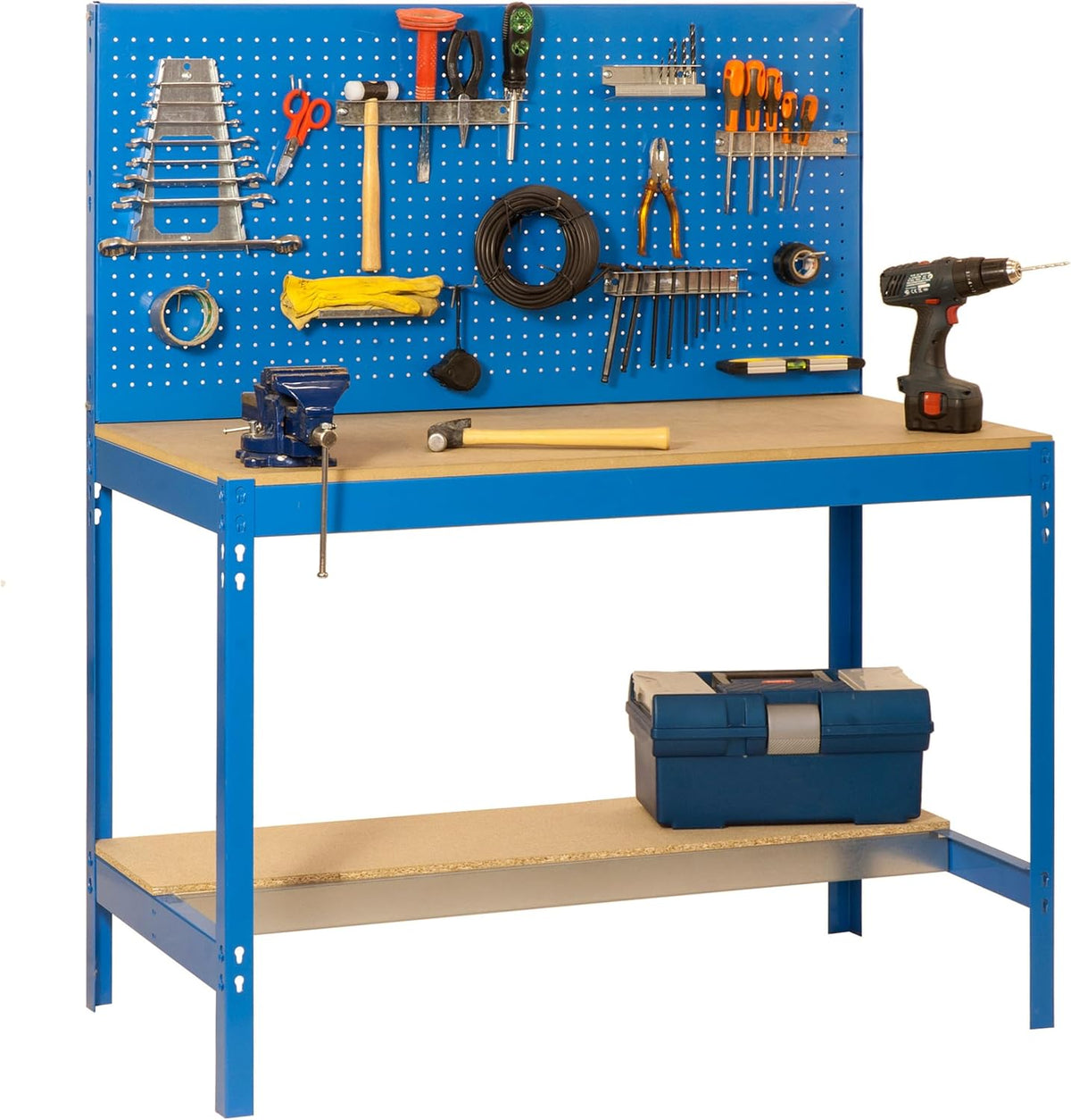 Simon Rack Etabli d'Atelier, Capacité de Charge 400 kg, 1445x910x610 mm, Panneau Perforé, Table de Travail Bricolage, Bleu/Bois - BT2