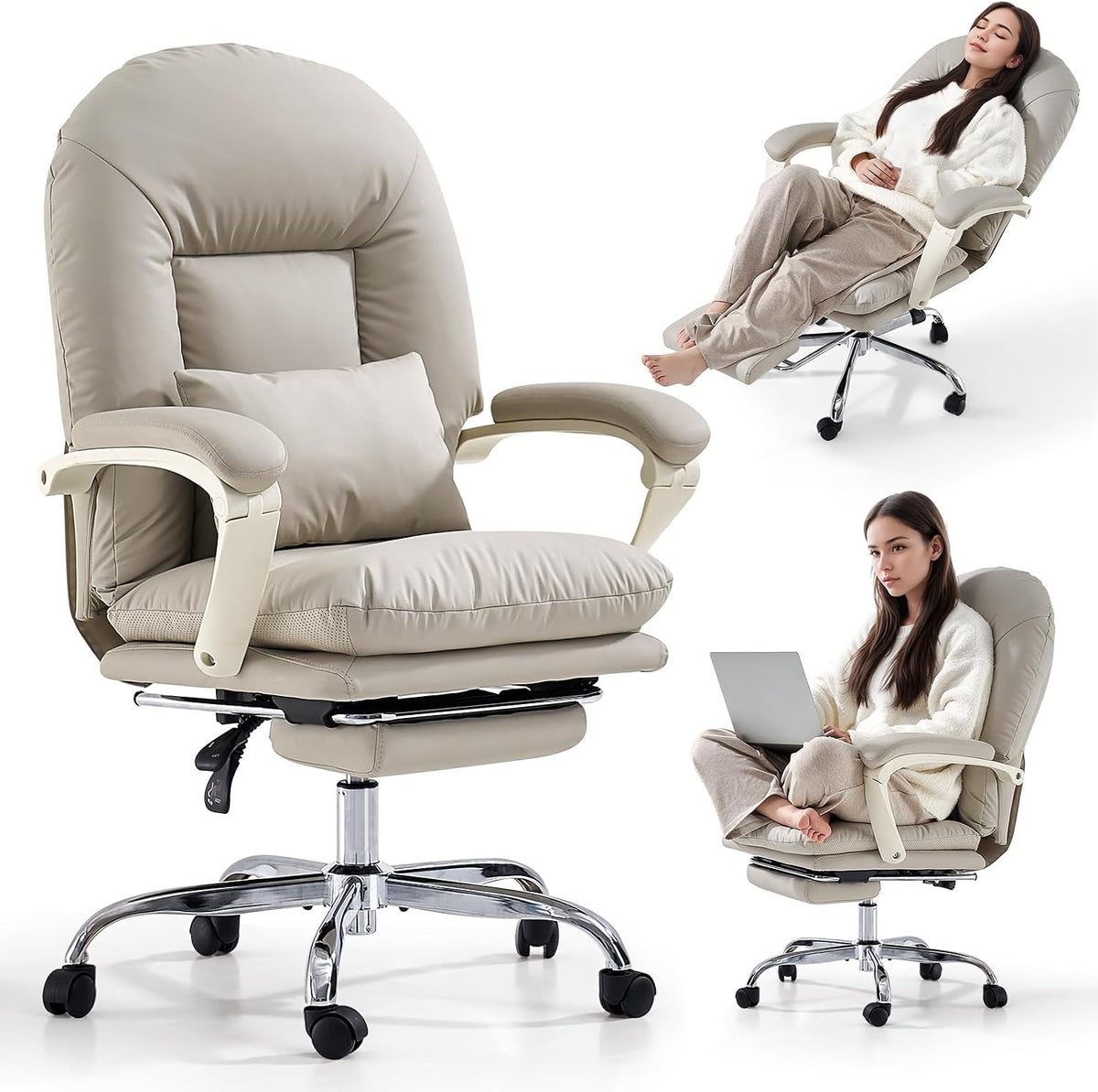 EMIAH Fauteuil de Bureau Ergonomique avec Repose-Pieds, Chaise de Bureau Inclinable en Cuir PU, Siège Pivotant Moderne Confortable avec roulettes