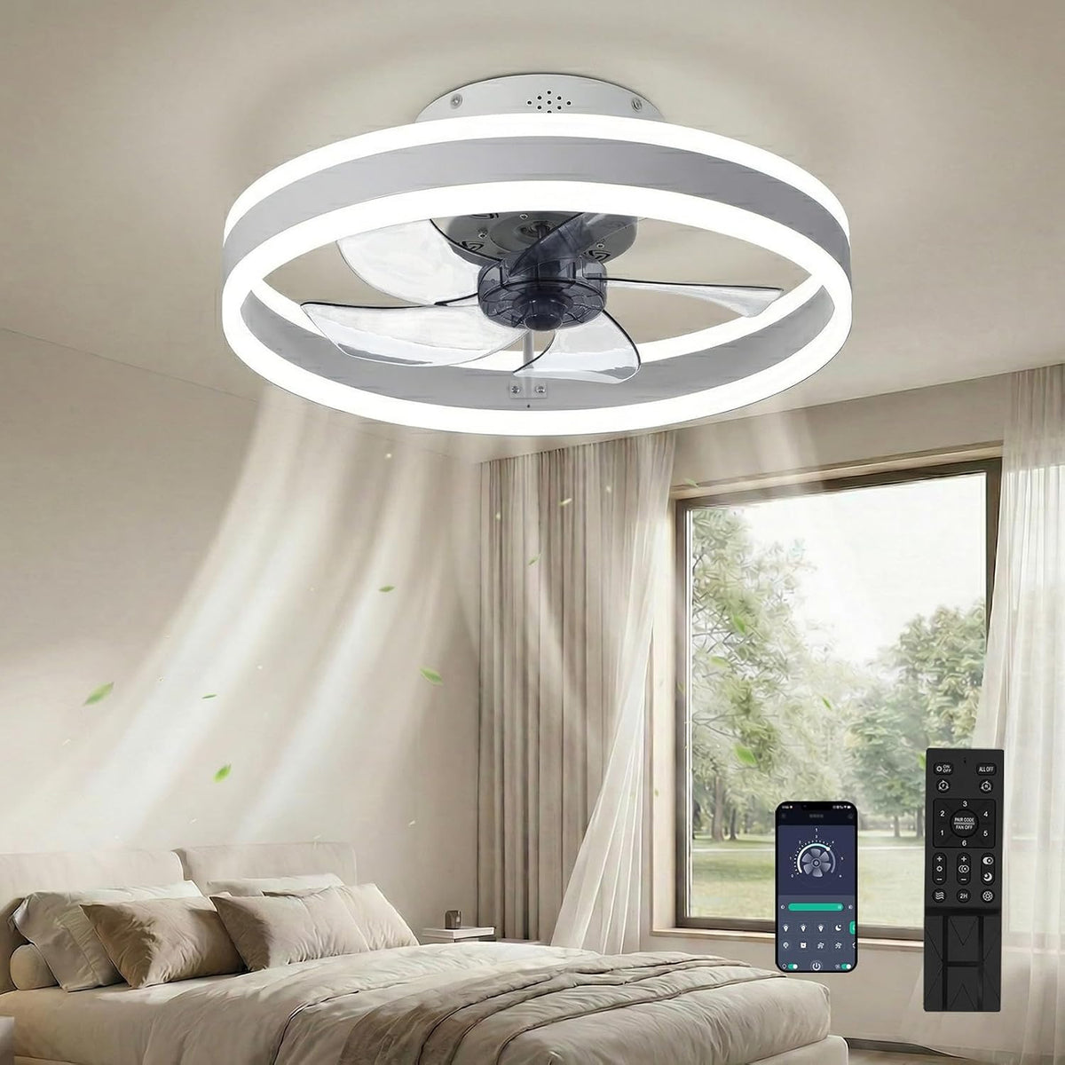 DATO Ventilateur de plafond avec éclairage, 3 températures de couleur et 6 vitesses, application/télécommande, silencieux, intensité variable (Blanc