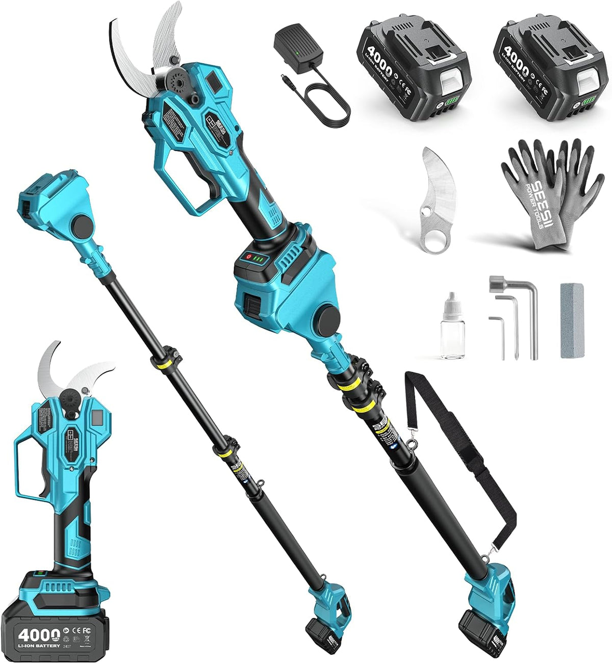 Élagueuse sur perche 2-en-1 SEESII : Élagueuse électrique sans fil avec diamètre de coupe de 40 mm, 2 * 4,0 Ah batteries, lame SK5 supplémentaire