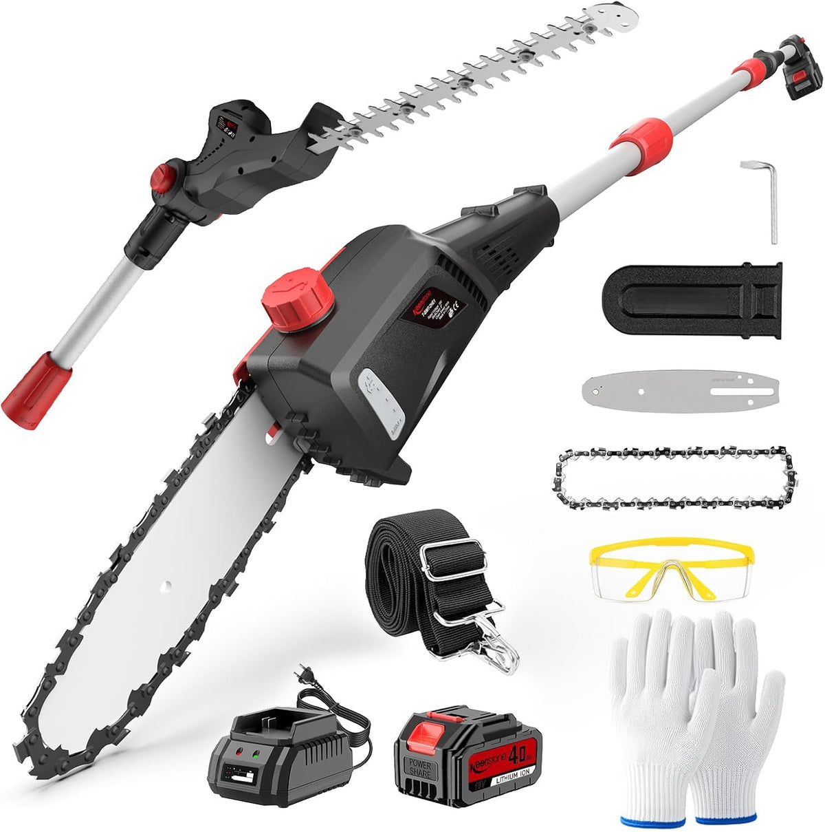 Keenstone 2-en-1 Élagueuse sur Perche et Taille-haie Électrique sans Fil, Batterie 4,0Ah, Tronçonneuse de 20cm, Double Lame de 42cm