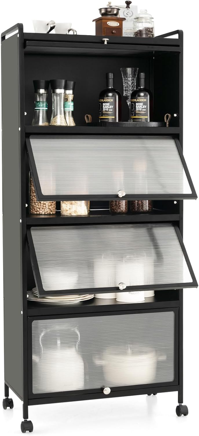 COSTWAY Armoire Cuisine 5 Niveaux, Étagère Cuisine 4 Portes PC Escamotables avec 4 roulettes, Étagère Micro-Ondes pour Salle à Manger, Salon