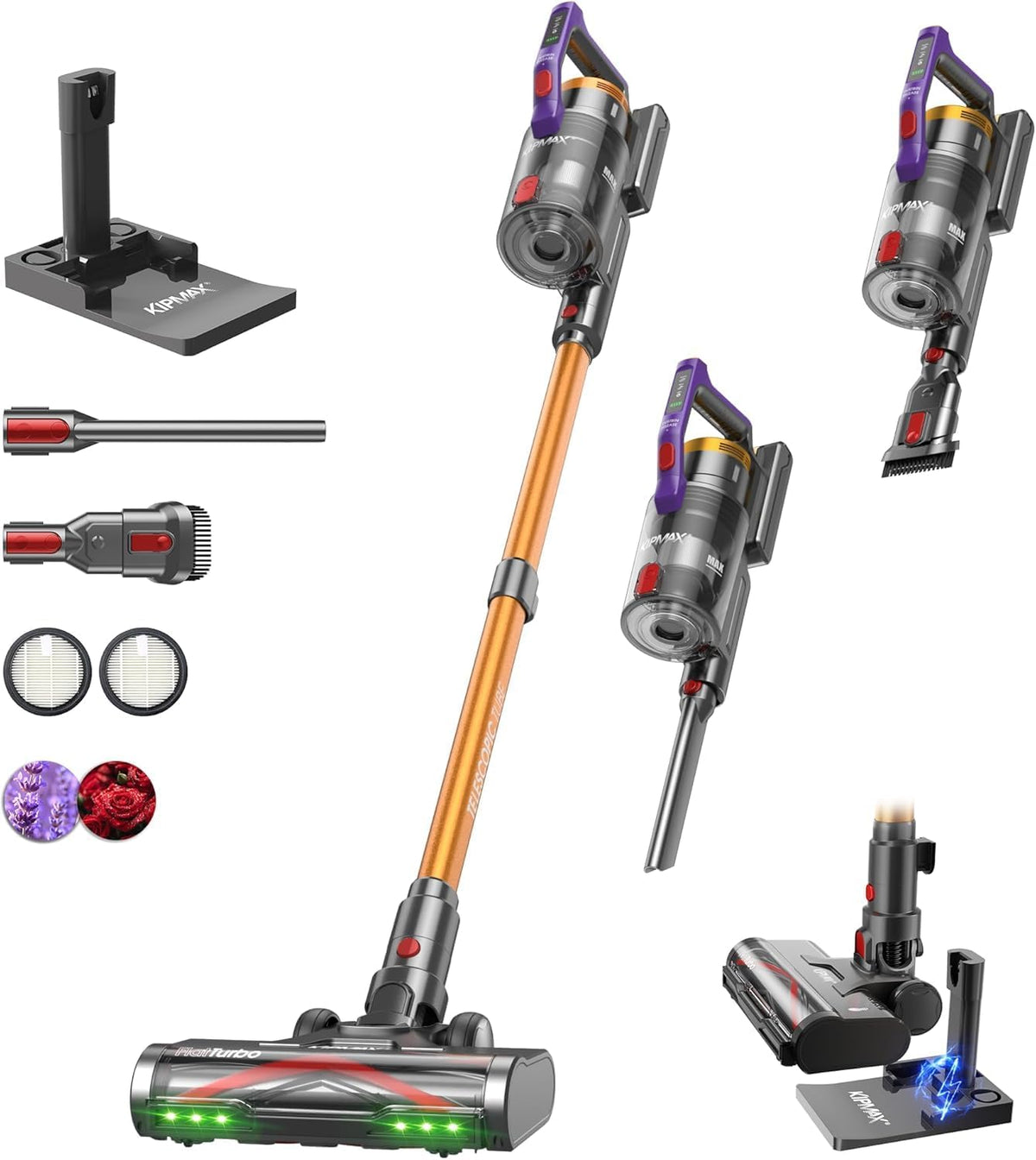 KIPMAX Aspirateur Balai sans Fil, pour Sols Durs, Tapis, Animaux et Voiture, 550W/50KPa/70Mins Aspirateur sans Fil Puissant