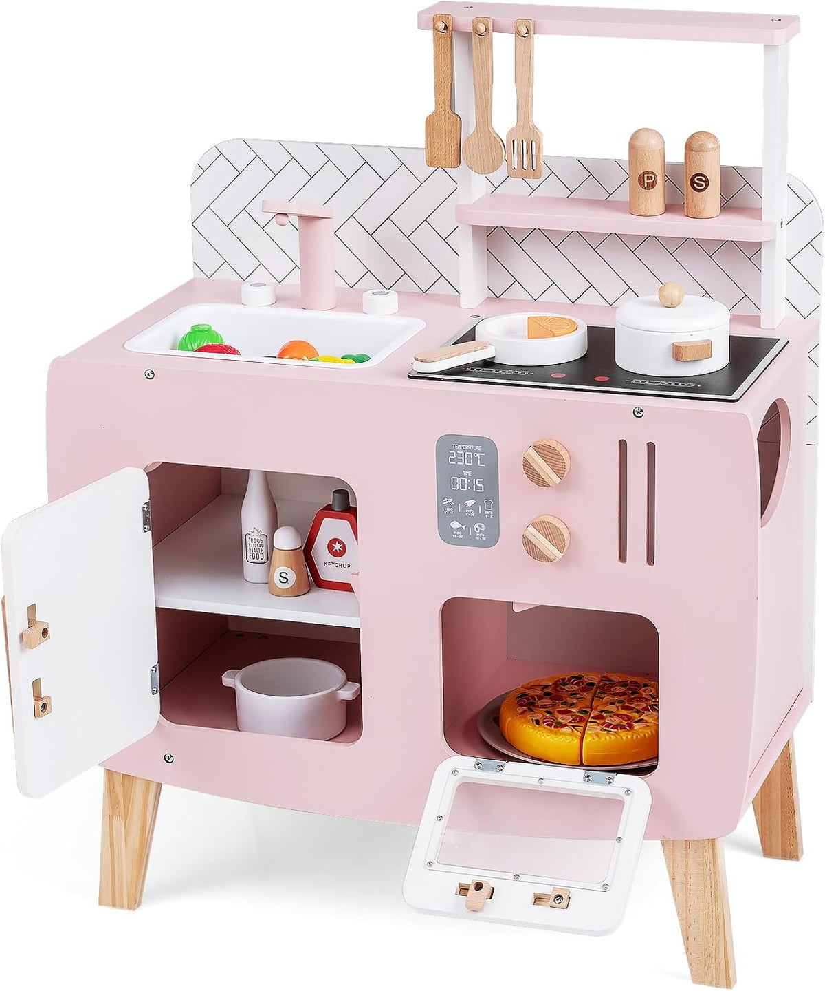GOPLUS Cuisine Enfant, Cuisine en Bois Enfant avec Four, Cuisinière, Évier, Robinet et Ustensiles de Jeu, Jouet Montessori avec Armoire & Étagère