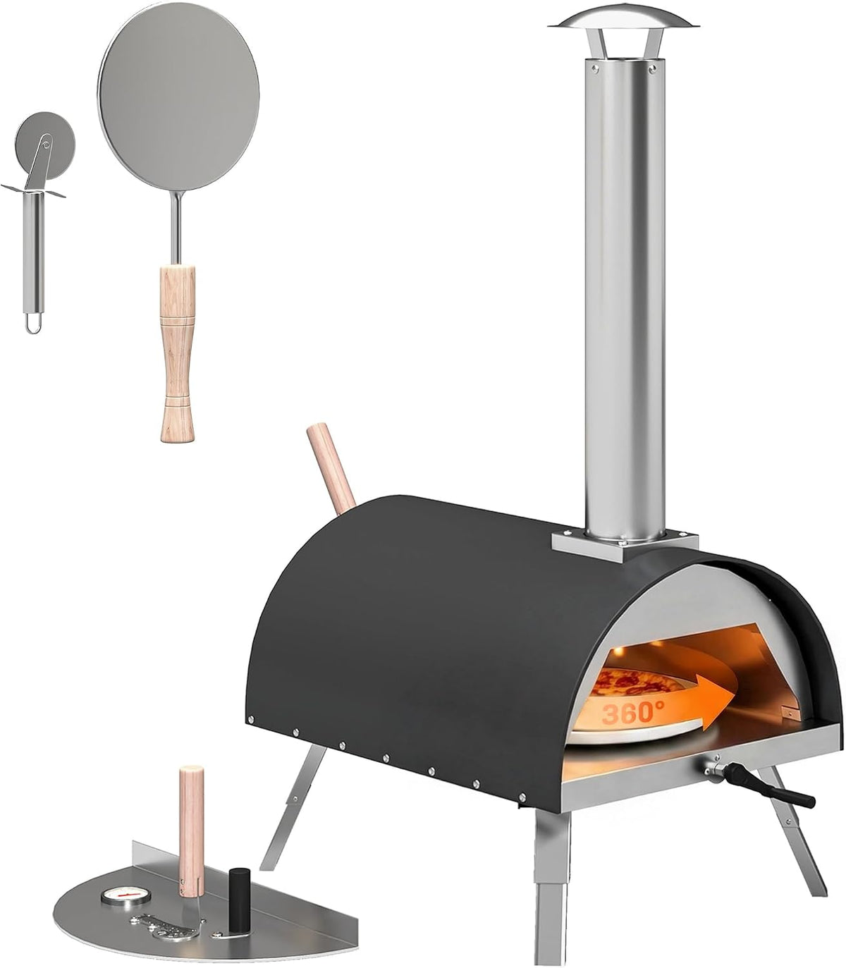 Outsunny 12' Four à pizza pour table avec pierre rotative, thermomètre, Fabrique à pizza portable à granulés de bois, cheminée amovible, pelle