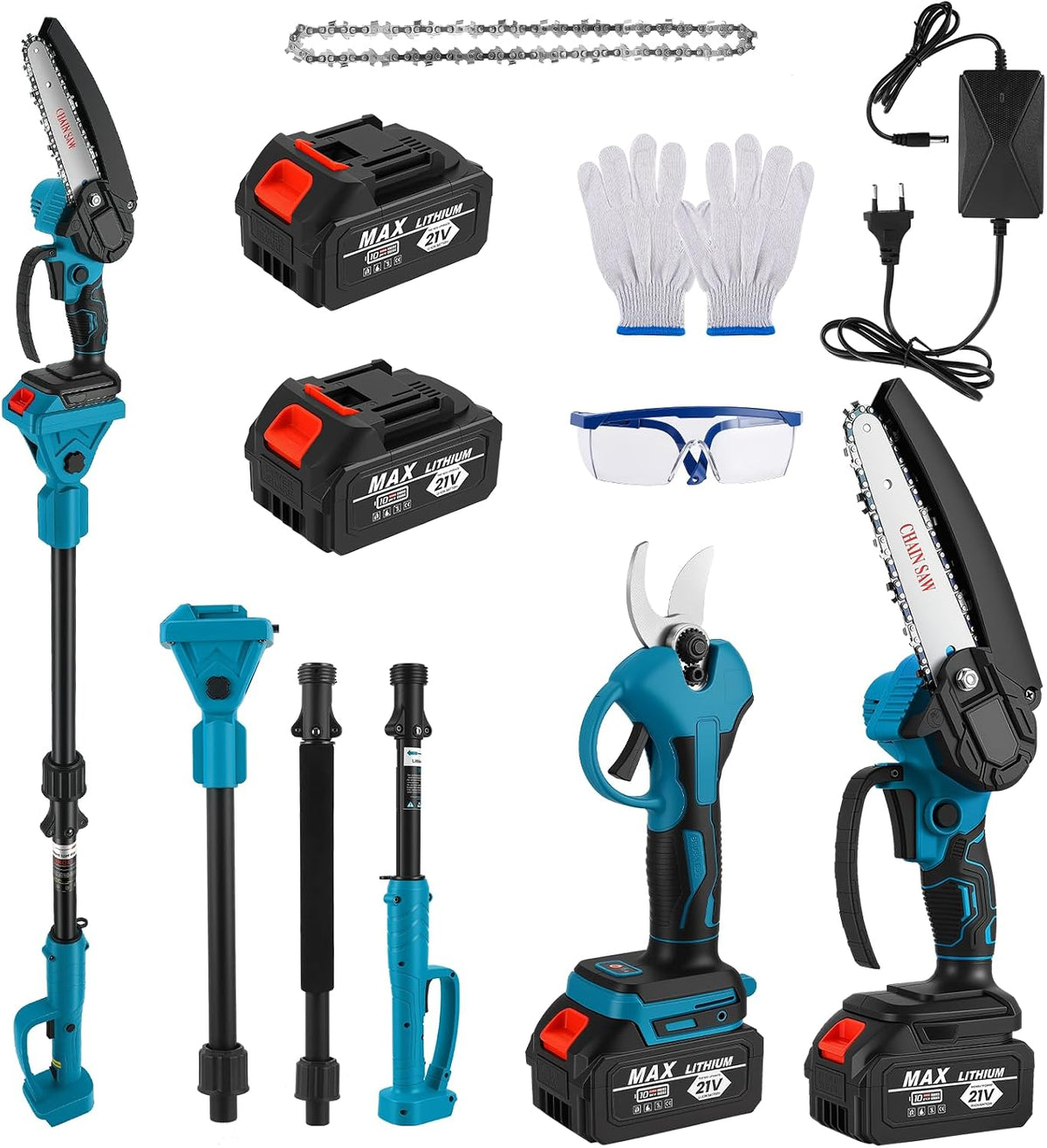 4 en 1 Élagueuse sur Perche sans Fil, 6'' Tronçonneuse Électrique Sans Fil, Secateur Electrique avec Perche Réglable de 1,32 à 2,3 m