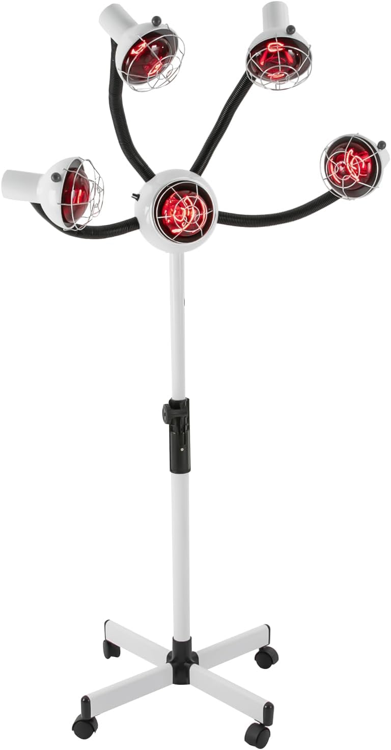 Lampe chauffante infrarouge à 5 têtes réglable en hauteur 112-136 cm avec 4 roulettes 750 W Réglage de la température 40-80 °C Blanc Pour salon
