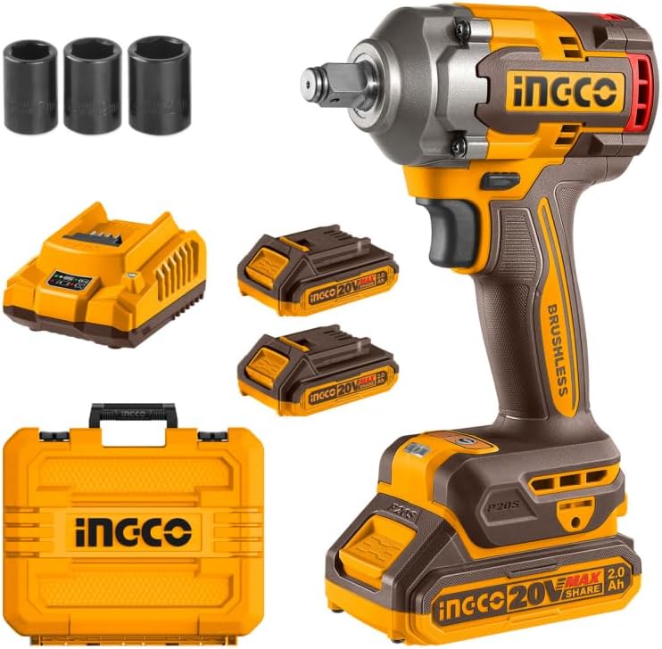 INGCO 20V Clé à Chocs Sans Fil 400NM, Moteur Sans Balais, Boulonneuse à Choc Électrique Sans Fil 2300 tr/min, avec 3 Douilles à Chocs(17/19/21mm)