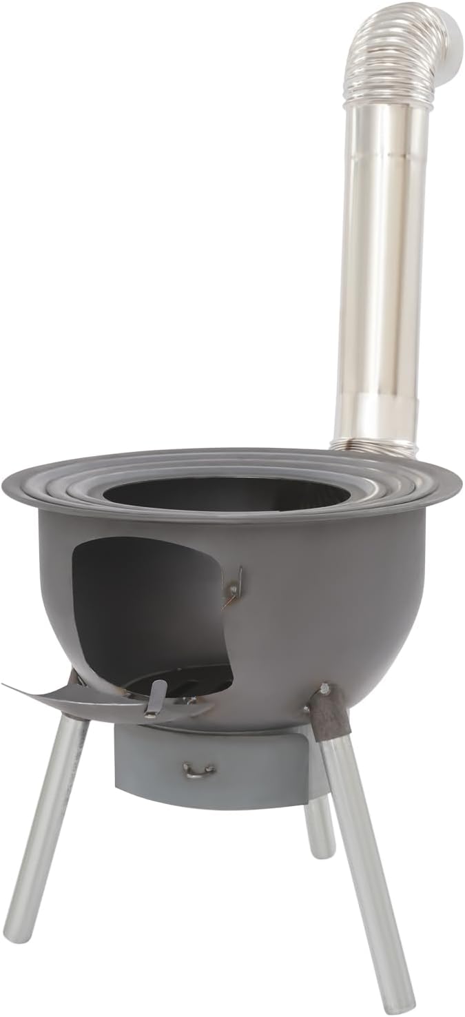 Poêle à Bois Multifonction - Grille de Gril Amovible, en Fonte - Tuyau de Cheminée Inclus